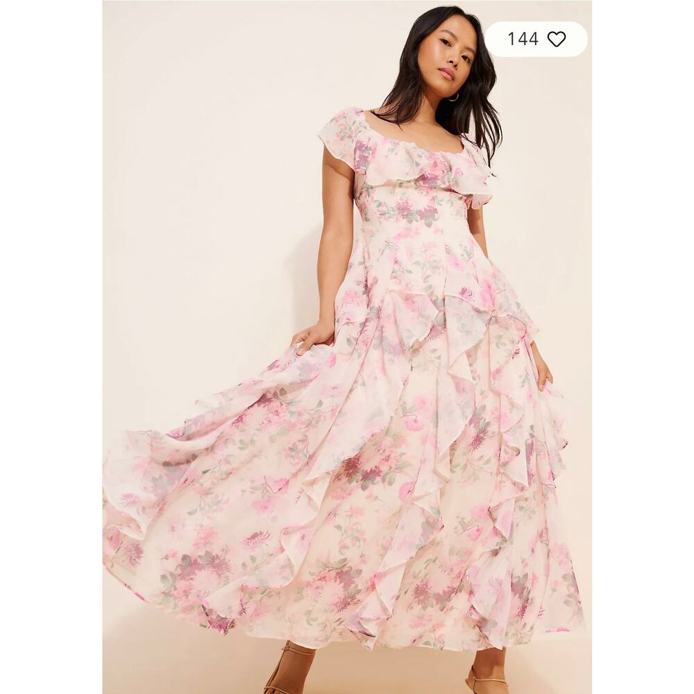 BHLDN Anthropologie Chiffon Maxi Dress Pink Floral Ruffle Bow Back Womens S - Picture 7 of 7